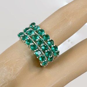 Green Ring, Wide, Faux Chrome Diopside, CZs, Sterling Silver, Vintage, Cluster